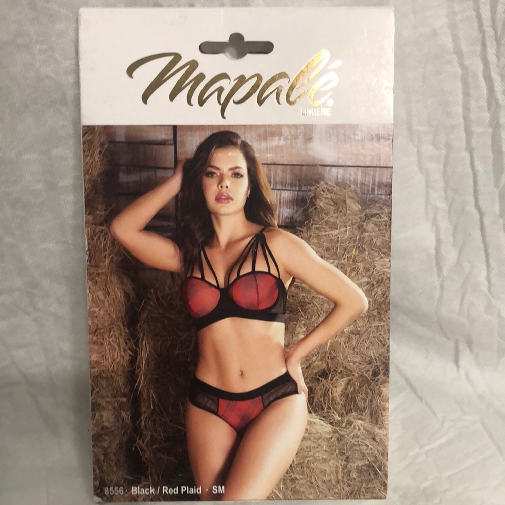 Mapale Black & Red Plaid Strappy Bra and Brief Set size S/M